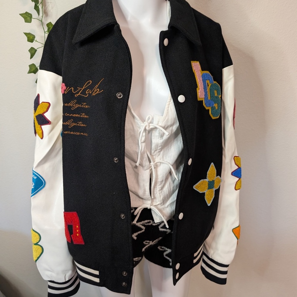 Iconslab Flower Contrast Lapel Baseball Jersey bomber Varsity Jacket NWT - Picture 3 of 10